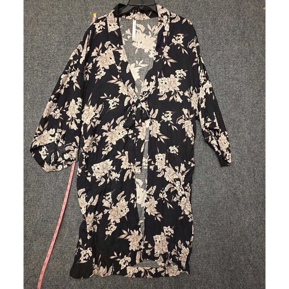 Spiritual Gangster Blouse Womens One Size Black Floral Kimono Tie Front Top
